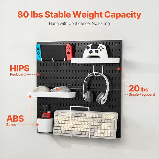 VEVOR Pegboard Combination Kit, 11" x 11" Plastic Pegboard, 4 Panels, Peg Board Wall Organizer Kit with Accessories, for Garage Tool Storage Kitchen Living Room Craft Room Office Bathroom Home, Black