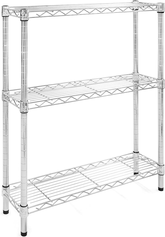 Shelving Inc. 8" d x 30" w x 34" h Chrome Wire Shelving with 3 Tier Shelves, Weight Capacity 800lbs, Evenly Distributed