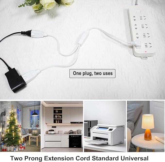 2 Prong 1 to 2 Extension Cord,Power Splitter White,2 Way Short Cord with Flat Plug,Dual Outlets Splitter Extension Cord for Home Decor,Office,Indoor/Outdoor,Appliance
