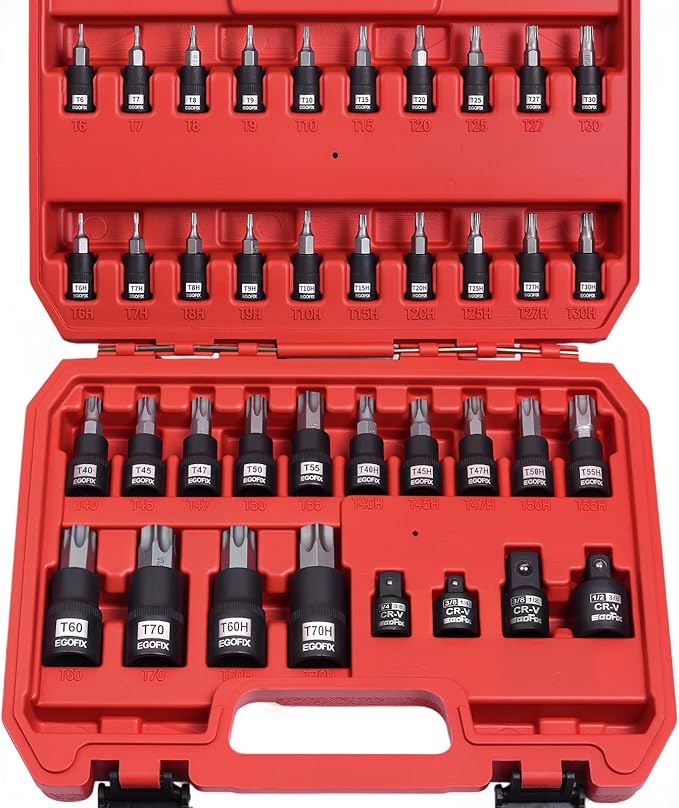 38 Piece Torx Bit Set, Premium S2 Alloy Steel, Solid Star T6 ~ T70 & Tamper Proof T6 ~ T70, with Socket Adapters
