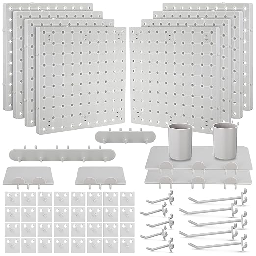 Chunful 58 Pcs Pegboard Organizer Kits Plastic Pegboard Wall Panel Mount Display Accessories Include Storage Boards Buckets and Hooks for Craft Room Garage Kitchen Office(Gray)