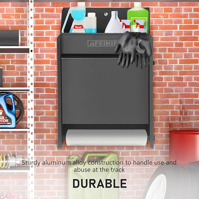 Flip-Out Storage Cabinet for Garage & Trailers, Workstation with 2 Shelves, Paper Towel Holder & Aluminum Mounting Cabinet, Space-Saving Design for Aerosol Cans, Quart Jugs, Medium