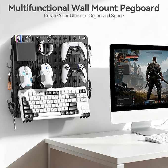 KDD Keyboard and Mouse Display Stand Holder, Wall Mount Office Organization Pegboard Combination Kit with Pen holder, Hooks, Headset & Controller Stand for Office & Home Hanging Organizer Storage