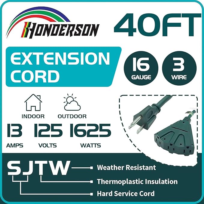 3-Outlets Indoor Outdoor Extension Cord Weatherproof, UL Certified, 16 Gauge 40FT Green 3 Prong Heavy Duty, 16/3 SJTW 13A Power Cord