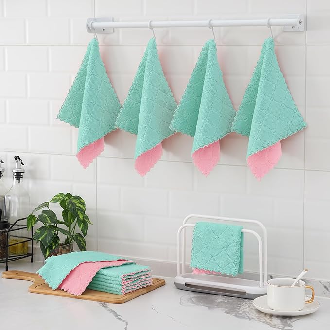 Mordimy 18 Pack Kitchen Cloths Dish Towels (10" x 10", Green & Pink), Super Soft and Absorbent Dish Cloths, Coral Velvet Microfiber Cleaning Cloth, Nonstick Oil Fast Dry Dishcloths