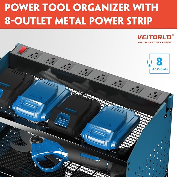 Veitorld Power Tool Organizer with Charging Station, Heavy Duty Modular Wall Mount Rack for Garage & Shed Organization, 4 Drill Holders, Fathers Day Birthday Gifts for Him Men Dad Him Husband(Blue)