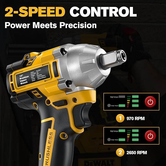 Cordless Impact Wrench for DeWalt Battery, 500Nm (369Ft-Lbs) 1/2" & 1/4" Brushless Impact Gun, 2-Speed High Torque Power Tool for Tire Removal, Rusted Bolts, Car Maintenance(No Battery)