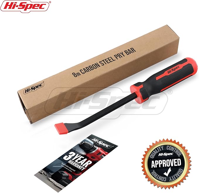 Hi-Spec Prybar Set: 1pc Short Small Steel Pry Bar. Ergonomic Non-Slip Handles with Heavy Duty Striking Cap for Wood, Tiles, Trim and Molding. 8" (0.6ft) / 0.2m Total Length.