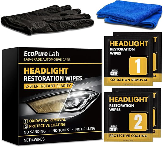 2-Step Headlight Restoration Wipes–No Sanding Car Headlight Restoration Kit with Oxidation Remover&Ceramic Coating,UV Protection,Restore Clear Polycarbonate Lenses(1 Pack)