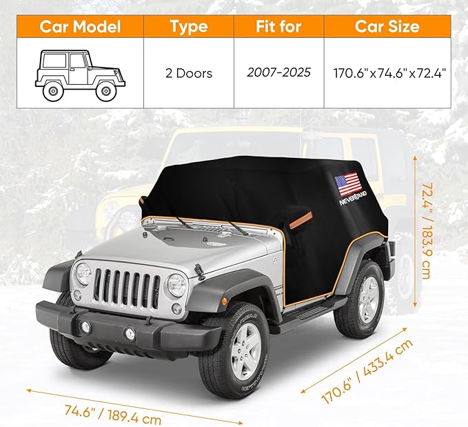 NEVERLAND Wrangler Cab Cover Waterproof - 2007-2025 Jeep Wrangler JK JL 2 Door, Half Car Cover Outdoor Oxford with Reflective Strip, Sun Snowproof Cab Car Cover Black