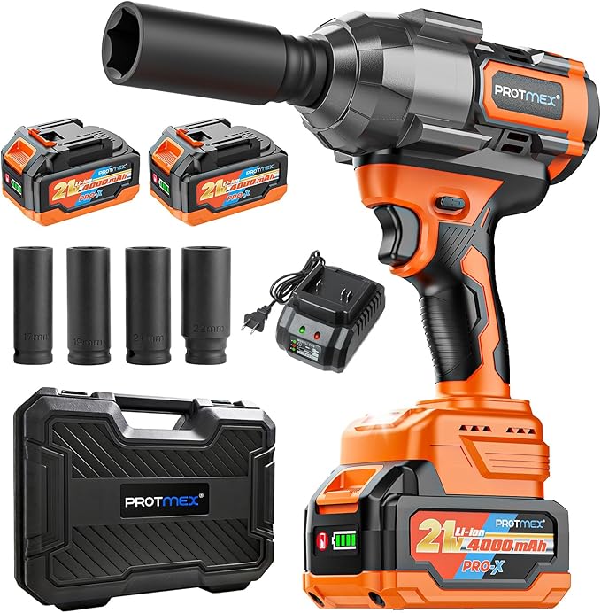 Protmex 1107Ft-lbs(1500N.m) Impact Wrench, 1/2" Cordless Impact Driver, Brushless High Torque Impact Gun with 21V 2x4.0Ah Battery, Power Motor Variable Speeds for Car/Mower/Pickup Truck