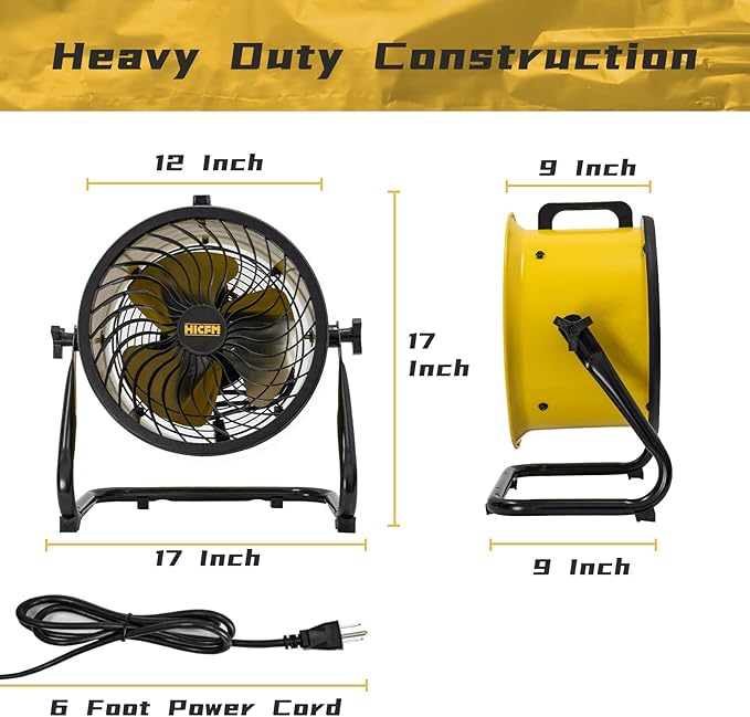 HiCFM 10" High-velocity Drum Air Circulator Fan 1000 CFM Large Airflow Turbo Shop Floor Fan with 360-degree Pivoting Head, 3-speed 1/12 HP Motor