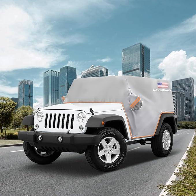 Wrangler Cab Cover for 2007-2025 Jeep Wrangler JK JKU JL JLU 4 Door,NEVERLAND Half Car Cover Waterproof Oxford with Reflective Strip,Sun Snowproof Cab Car Cover Silver
