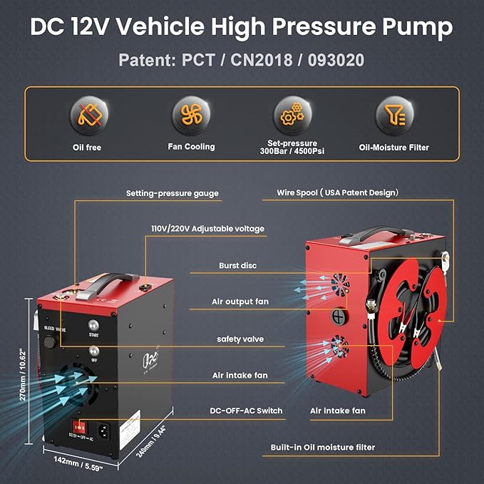 GX PUMP GX-E-CS3-I Portable PCP Air Compressor, Built-in Home Converter, Auto-Stop, Oil-Free, Built-in Water-Oil Separator Filter, Powered by 12V DC or Home 110V AC, 4500Psi/30Mpa