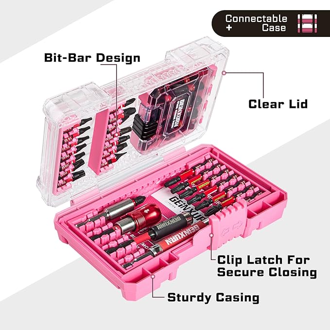 Geinxurn 56Pieces Impact Screwdriver Bits Set, Magnetic S2 Steel Phillips/Slotted/Square/Torx Insert Power Bits Tips, Impact Bit Holder with Pink Storage Box Case