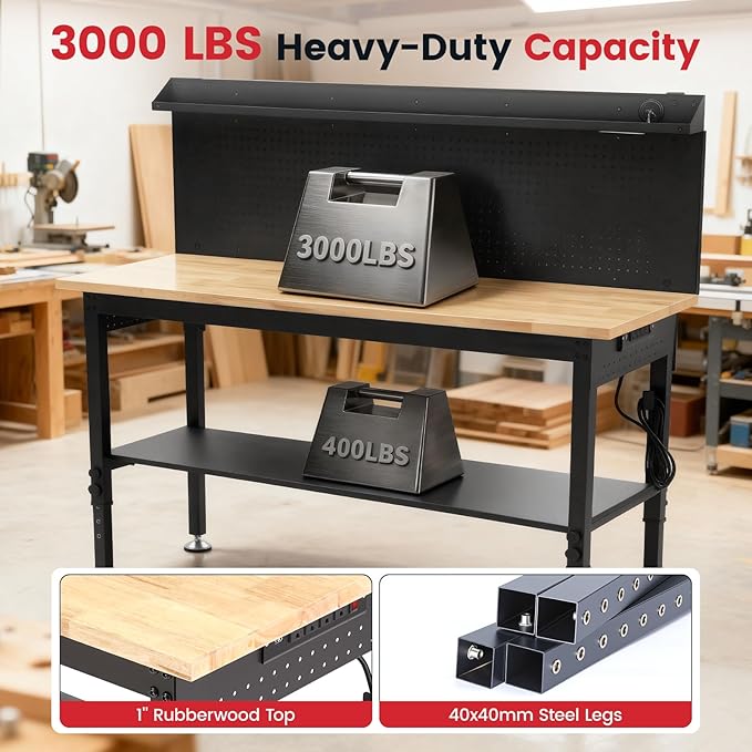 ENJOYWOOD 60'' Heavy Duty Workbench 3000 LBS Load Capacity Adjustable Height Garage Work Bench with Pegboard, Storage Shelf, Power Outlets and LED Light
