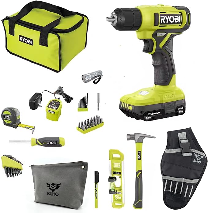 Buho Household Tool Kit Accessory Bundle - Ryobi 18V Cordless Drill Driver 1.5 Ah Battery Charger Hand Tools Drill Bits Tool Bag Holster Pouch Flashlight