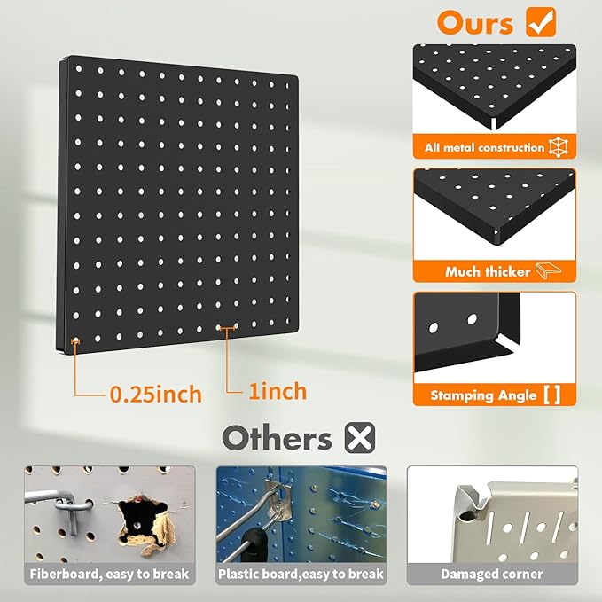 Peg Board, 4PCS Metal Pegboard, Heavy Duty Pegboard Wall Organizer with Frame. Black Pegboard for Walls, Garage, Workbench, Craft Room Tool Organization, Metal Pegboard Panels 12in*12in