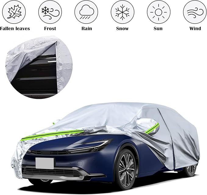 Waterproof Car Covers Replace for 2004-2025 Toyota Prius, 6 Layers Silver All Weather Custom-fit Car Cover with Zipper Door & Windproof Bands for Snow Rain Dust Hail Protection