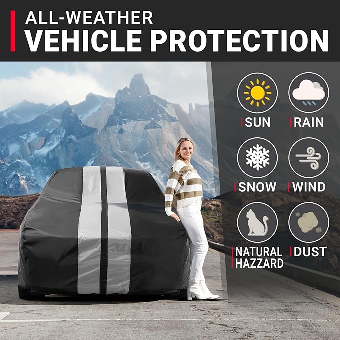 iCarCover Custom Car Cover for 1974-1978 Ford Mustang Waterproof All Weather Rain Snow UV Sun Protector Full Exterior Indoor Outdoor Car Cover (Stripe - Black/Gray)