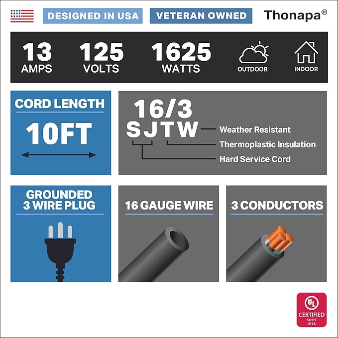 Thonapa 13 Amp Outdoor Extension Cord 10 ft, 2 Pack, 16/3 SJTW 10 Foot Black Extension Cord 3 Prong Multi Pack, Weatherproof ExteriorPower Cable for Outdoor Lights, Landscaping, Lawn, UL Certified