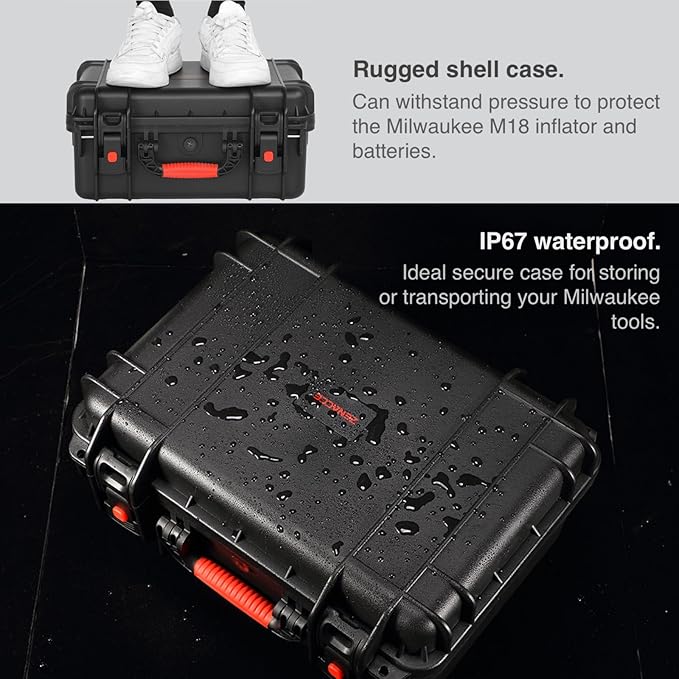 Waterproof Hard Case Compatible with Milwaukee M18 Inflator 2848-20, Air Compressor Carrying Case for Milwaukee Tools, Can Hold 18V 3.0 to 9.0 Ah Battery Packs and Charging Station