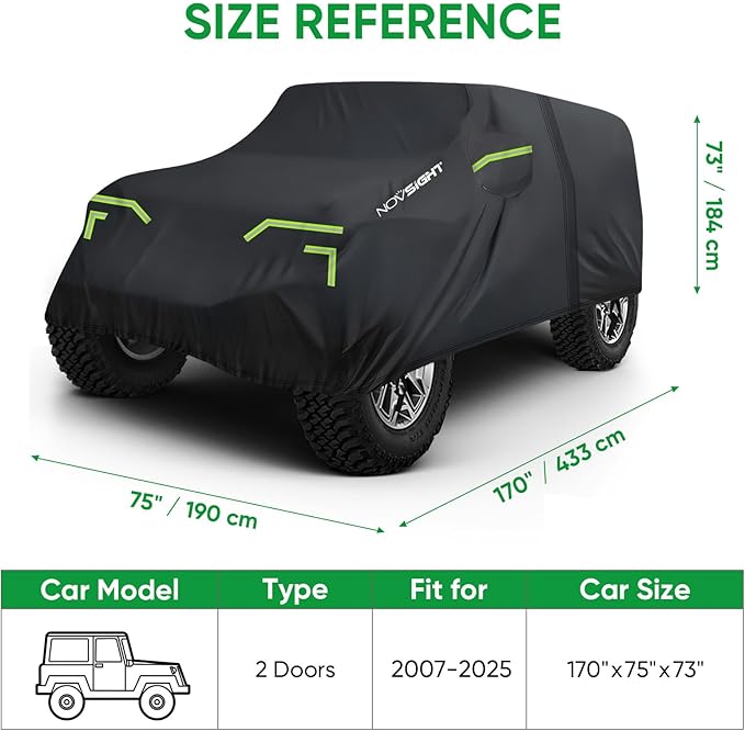 NOVSIGHT Car Cover for Jeep Wrangler 2 Door - Waterproof All Weather Outdoor Cover (2007–2025 JK JL), Windproof with Straps, 210D Oxford Fabric, Reflective Strips