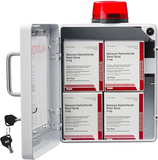 Naloxone Overdose Emergency Kit Cabinet - Includes Optional Alarm and Locking System - Designed for Wall Mount & Public Access (Metal, White)