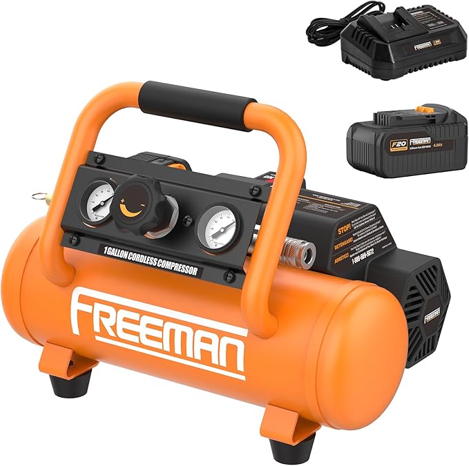 Freeman F20 20V Cordless 1-Gallon Air Compressor with 4.0Ah Battery & Charger | 1/3 HP, 700 Shots Per Charge | Portable, Oil-Free, for Nailers & Tire Inflation | PE20V1GCK