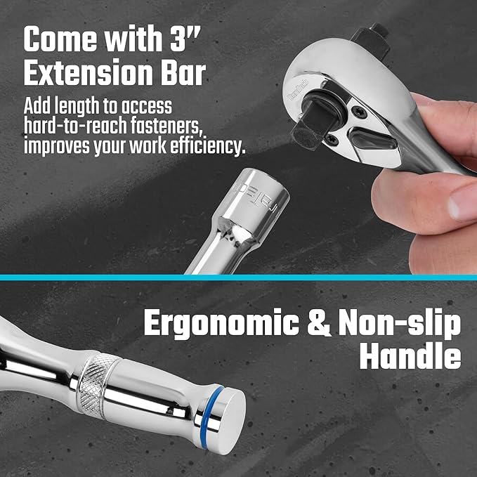 DURATECH Stubby Ratchet Set, 3-IN-1 Ratchet Handle, with 2 Extension Bars, 1/4", 3/8", 1/2" Drive Ratchet Wrench, 72-Tooth, Reversible Switch, Full-Polished Chrome Plating, Alloy Steel
