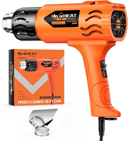 Heat Gun - Dual Protection Fuses 1800W Heavy Duty Hot Air Gun 2 Temperature Settings 572℉&1112℉ for Shrink Tubing & Crafts, Included Reflector Nozzle for Shrinking PVC, Crafting, Resin, Vinyl Wrap