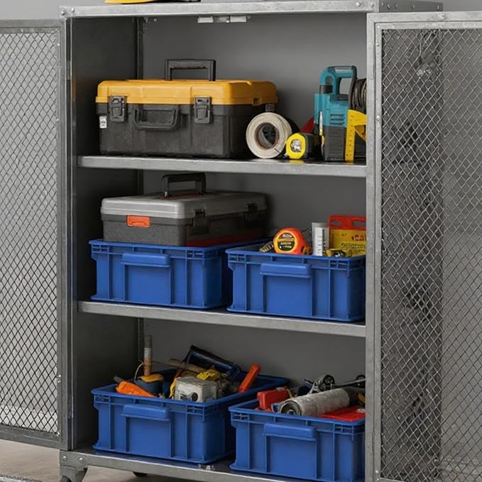Heavy Duty Storage Bins, 180lbs Load Capacity Totes for Storage, 14.2"L x 10.4"W x 5.5"H, Stackable Straight Wall Container, Plastic Tote for Garage & Workshop, Stickable Labels, Blue, 3-Pack
