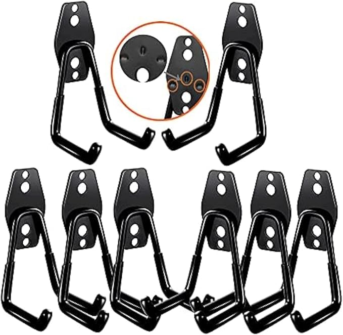 3-H Garage Wall Hooks Heavy Duty 8 Pack, Anti-Slip Steel Wall Mount Storage Hooks for Hanging Ladder Garden Yard Tools, Utility Organizer for Garage Lawn Shed(Black)