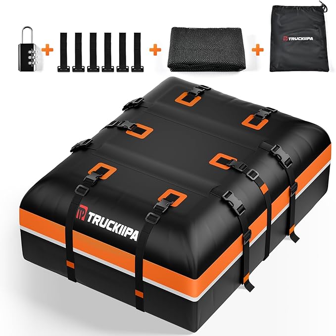 Truckiipa Car Rooftop Cargo Carrier Bag, 20 Cubic Feet Waterproof Roof Cargo Carrier Bag, Soft Shell Car Top Cargo Box for All Vehicles with/Without Racks, Anti-Slip Mat, Door Hooks, Luggage Lock