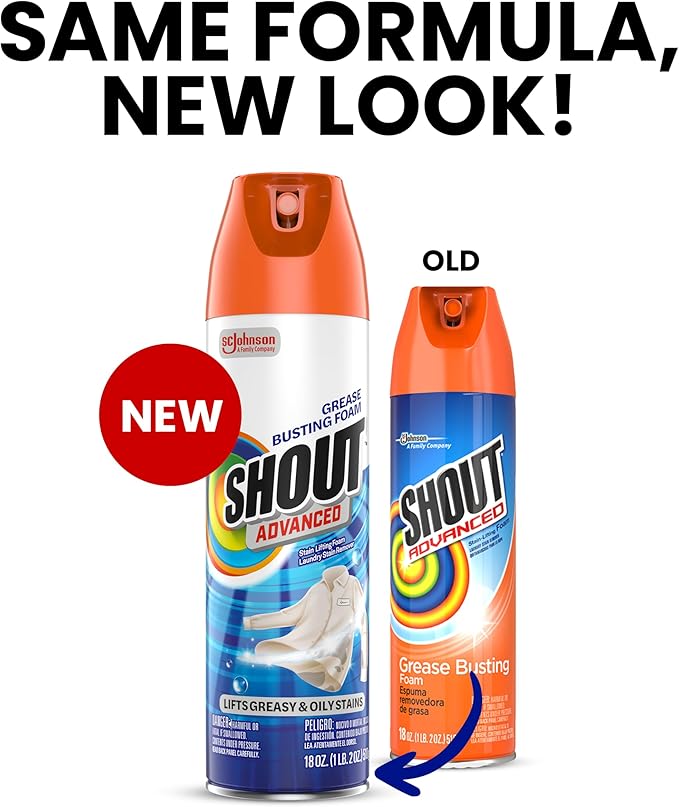 Shout Advanced Grease Busting Foam, Laundry Stain Remover, Oil and Grease Stain Remover for Clothes Laundry; Works on motor oil, bike grease, cooking oil, and more! 18oz Can