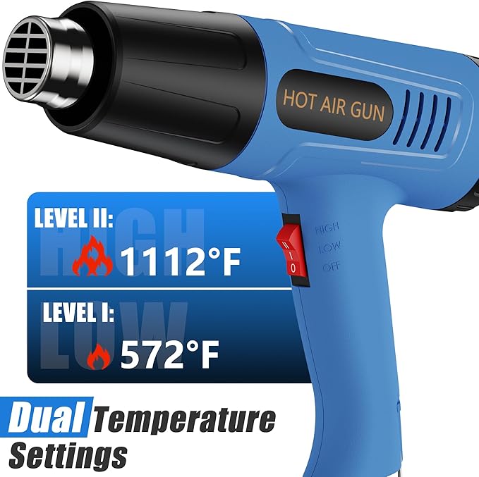 Heat Gun Heavy Duty Fast Heat Hot Air Gun Kit with 572℉&1112℉（300℃-600℃） Dual-Temperature Settings and 4 Nozzles with Overheat Protection for Crafts, Shrinking PVC, Stripping Paint