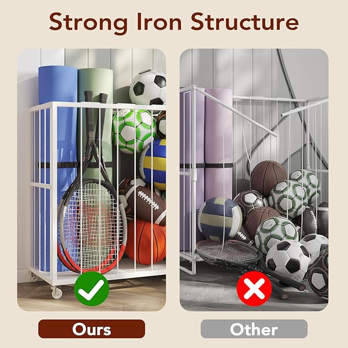 Homsorout Ball Storage Bin Rolling Sports Ball Cart, Metal Garage Organizer Sport Rack, Ball Basket Storage, Ball Cage for Garage or Gym, Indoor & Outdoor Sports Equipment Organizer