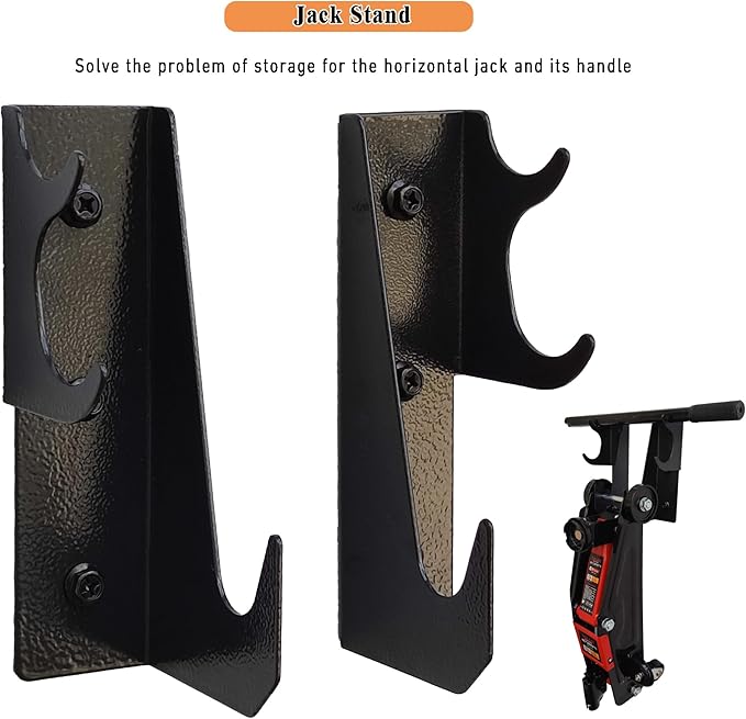 Heavy-Duty Steel Floor Jack Holder & Jack Stand Wall Mount Hook Rack,Black Electro-Plated, Two-piece Handle Storage