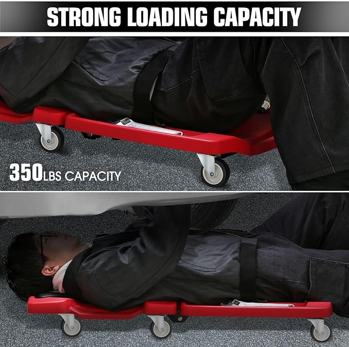 DNA Motoring 41inch Low Profile Plastic Rolling Garage Shop Creeper with Padded Headrest, Tool Trays & 6pcs Casters, Foldable Creeper, TOOLS-00637-RD