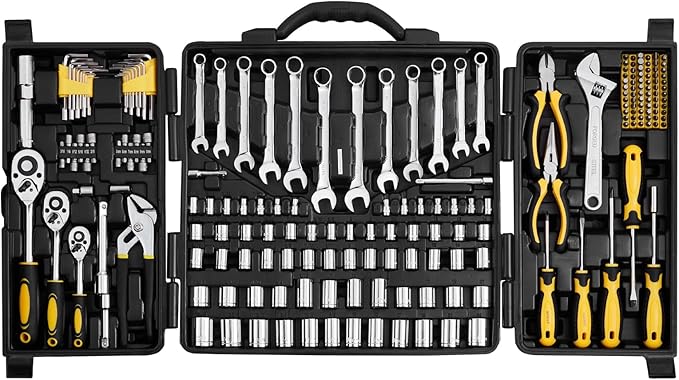 VEVOR Mechanics Tool Set 207 Pieces 1/4" 3/8" 1/2" Drive Sockets -SAE and Metric Mechanic Tool Kit with Bits - Wrenches, Ratchet Handle, Accessories, and Plastic Storage Case - for Automotive Repair