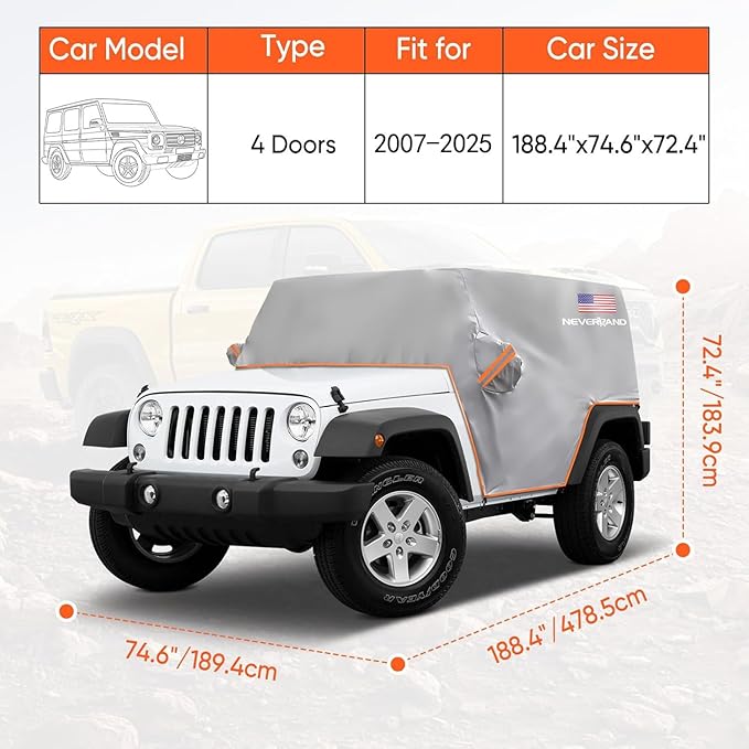 Wrangler Cab Cover for 2007-2025 Jeep Wrangler JK JKU JL JLU 4 Door,NEVERLAND Half Car Cover Waterproof Oxford with Reflective Strip,Sun Snowproof Cab Car Cover Silver