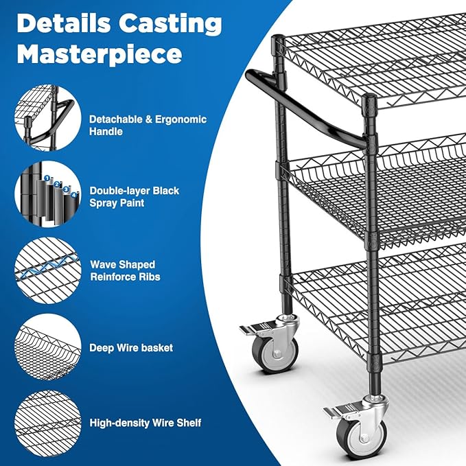 Leteuke Heavy Duty Rolling Utility Cart, 45 Inch Kitchen Carts with Wheels, NSF Commercial Grade with Handle & Shelf Liners, 1120LBS Storage Cart for Kitchen,Restaurant,Plant Display-Black