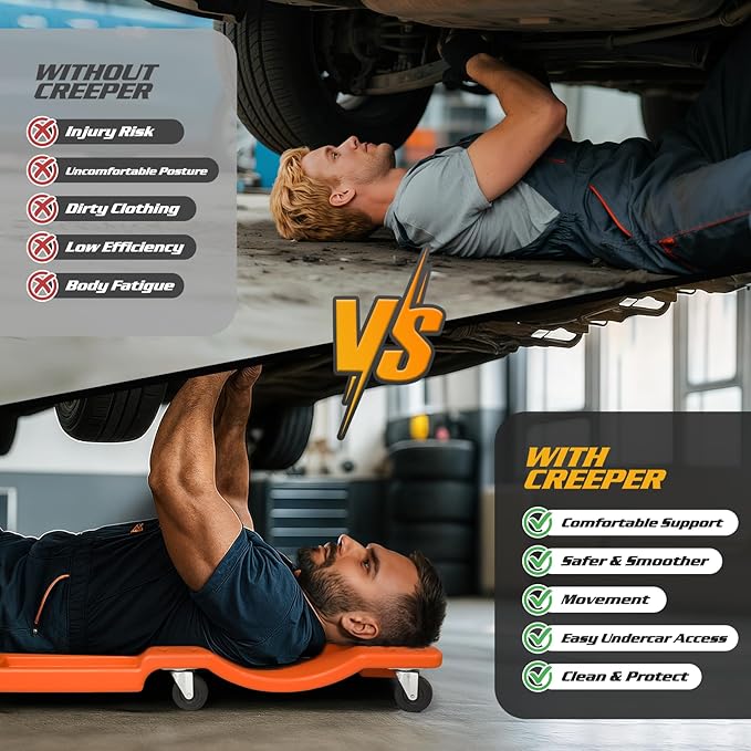 Magshion Mechanic Creeper with Padded Headrest and Tool Tray, 330 lbs Capacity Rolling Garage Shop Creeper with 6 Wheels, Lightweight and Portable Automotive Creeper (Orange)
