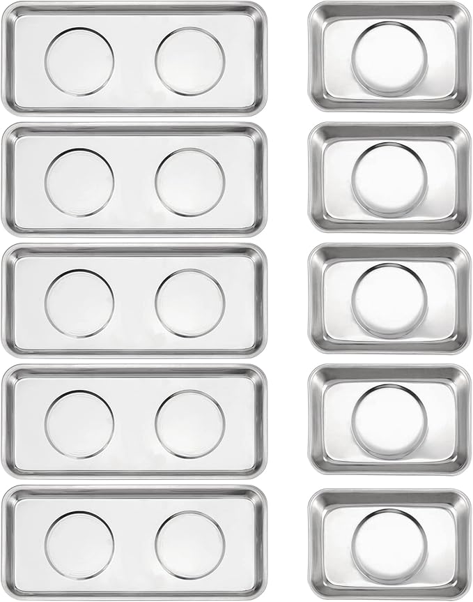 SINJEUN 10 Pieces Rectangle Magnetic Tray, 3.6 x 2.5 Inch and 5.9 x 2.5 Inch Magnetic Tray Set, Stainless Steel Magnetic Tray Holder for Screws, Nut, Bolt and Metal Part
