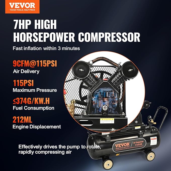 VEVOR 7HP Gas Powered Air Compressor, 21 Gallon Horizontal Air Compressor Tank with Wheels, 9CFM@115PSI Gas Driven Piston Pump Air Compressed System for Workshop Tire Inflation, Spraying, Nailing