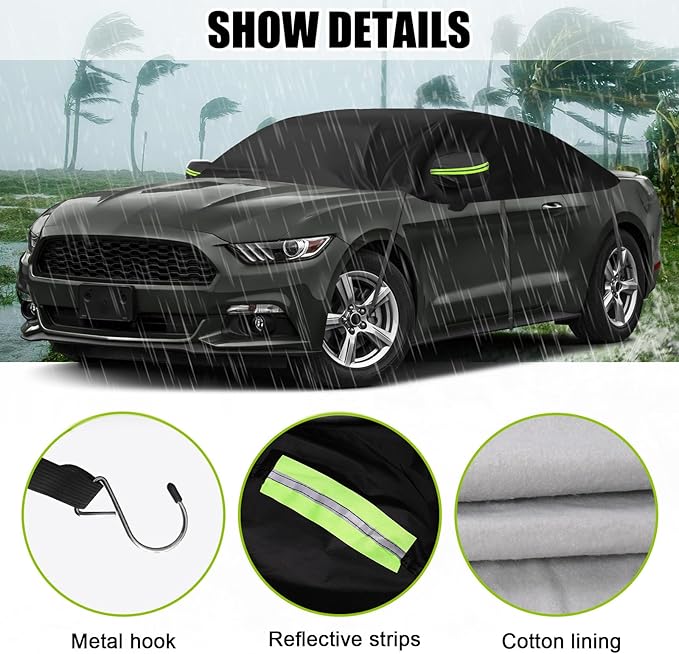 300D Black Oxford Half Car Cover Compatible with 2005-2024 Ford Mustang S-197/S550/S650, Protector Car Body Covers for Windproof Dustproof UV Resistant Protect Your Windshield and Roof