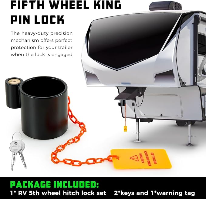 BYERN AUTO 5th Wheel King Pin Lock, Heavy Duty King Pin Lock with Anti-Theft Warning Tag & 2 Keys for RVs, Container Trailers and Campers, Extremely Durable (Black)