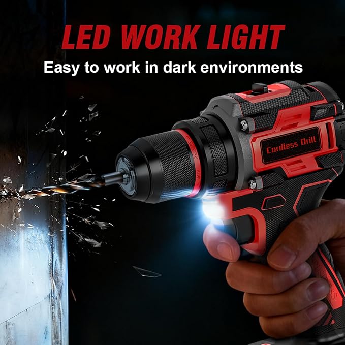 Cordless Drill, 21V Brushless Power Drill with Dual 2.0Ah Power Pack and Charger, Electric Drills Set, 3/8" Metal Chuck, 25+1 Torque, 2 Speed Compact Drills with 87PCS for DIY, Home Repair & Gift