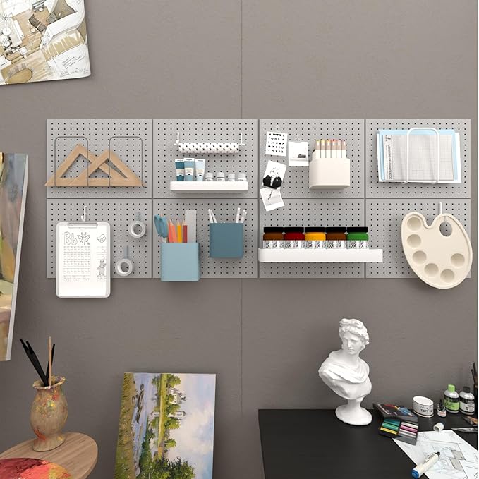 Peg Board,4 Pack Metal Pegboard Panels with 8 hooks,PegBoard Wall Organizer,16"x12" Steel PegBoard for Walls,Tools,Garage,Office,Kitchen