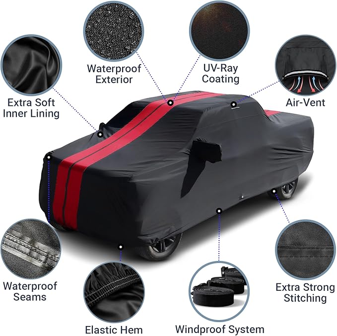 iCarCover Premium Plus Truck Cover Waterproof All Weather Rain Snow UV Sun Protection, F-150 250, C/K 3500, Silverado, Ram, Tundra, Sierra, Titan, Size T70 (See Size Chart) Stripe - Black/Red